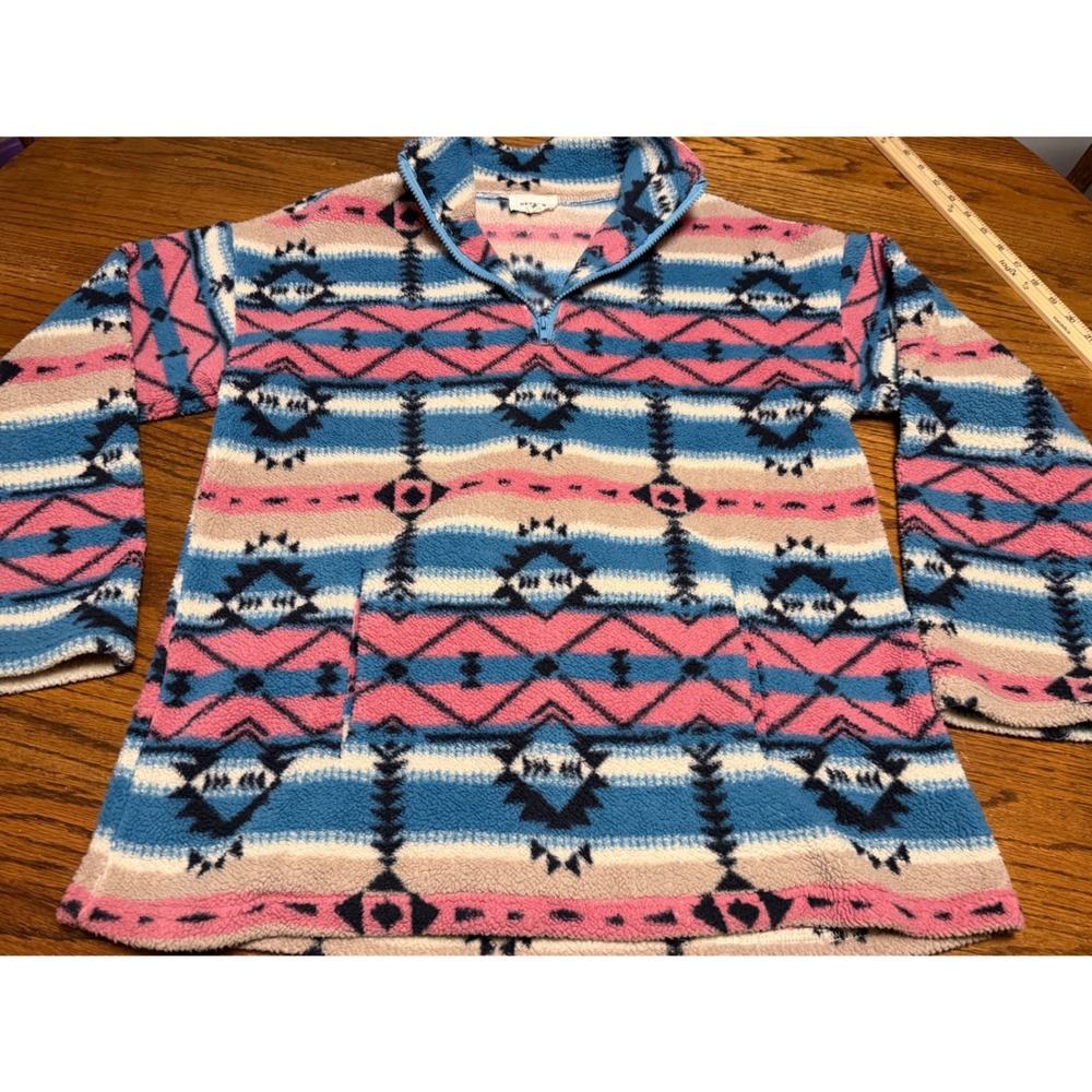 Heyson Womens Southwestern Tribal Quarter Zip Fleece Pullover Blue Pink M